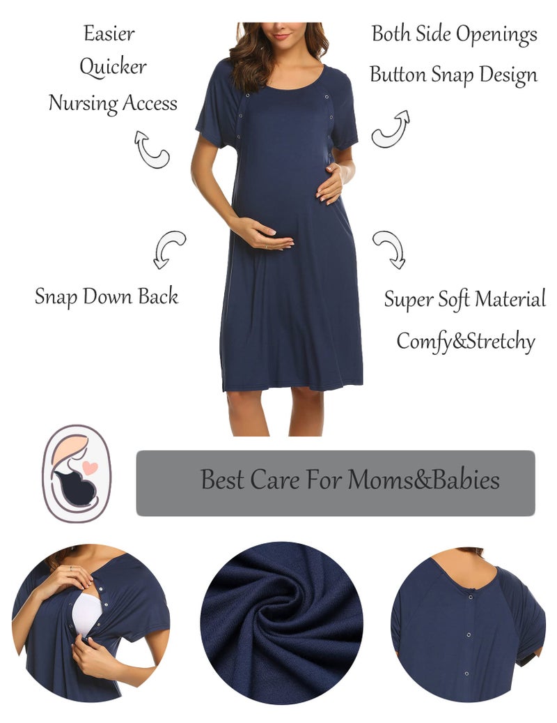 Ekouaer Womens, Maternity Nightgown Nightshirt, Short Sleeve, Sleepshirt, Cotton Nursing Nightwear, 1 Navy Blue, Small - Image 2